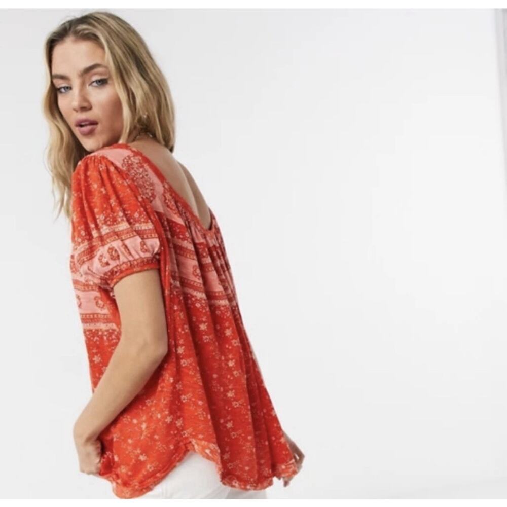 Free People Floral Scoop Neck Puff Short Sleeve low back Tunic Blouse XS - Picture 4 of 13
